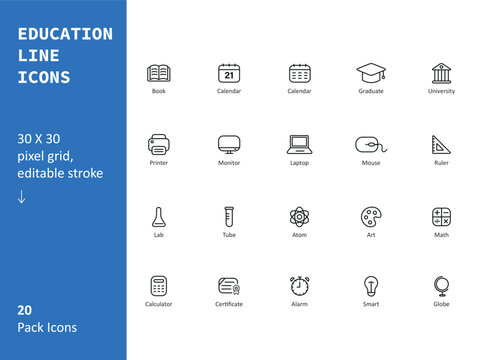 Education Line Icon Set, Minimal Vector Illustration, Simple Outline Sign of UI/UX, Editable Stroke