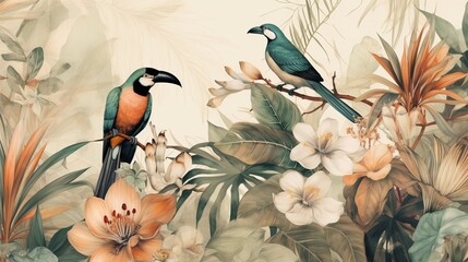 Fototapeta na wymiar Tropical oasis - exotic flowers and paradise birds