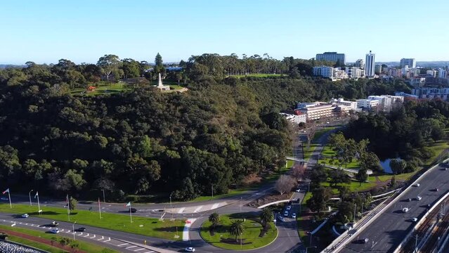 Drone Aerial View of Kings Park with War Memorial, Freeway and Row of Gum Trees on Fraser Avenue