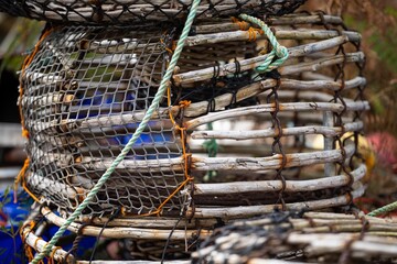 crayfish cray pots on the back of a fishing boat in tasmania australia in spring