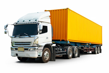 Semi Trailer Truck Isolated on White Background. Shipping Cargo Container, Delivery Trucks, Distribution Warehouse. Import- Export, Freight Truck Cargo Transport Logistic.
