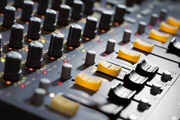 Vibrant Lights Close-Up on Audio Mixer Board, Generative AI