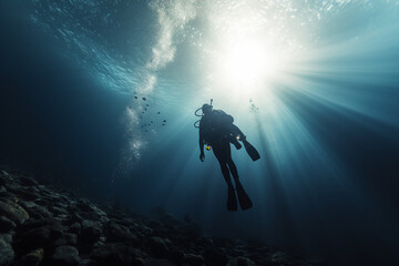 Obraz na płótnie Canvas Scuba deep sea diver swimming in a deep ocean