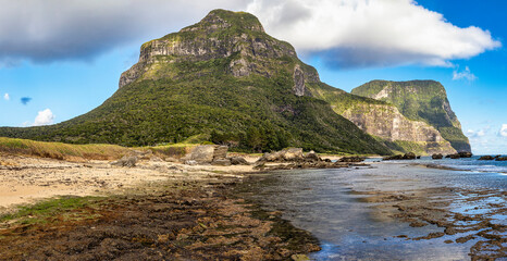 Reflections at Salmon Beach looking towards Mount Lidgbird and Mount Gower, Lord Howe Island, Australia