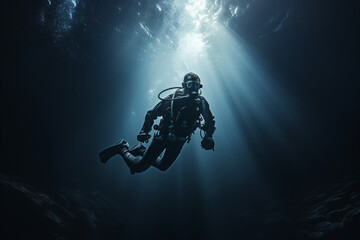 Fototapeta na wymiar Scuba deep sea diver swimming in a deep ocean