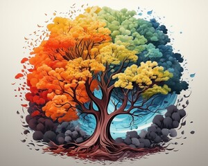 Beautiful tree with vibrant colors representing the seasons, AI-generated