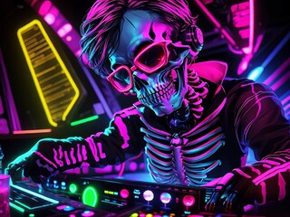 Un dj esqueleto con gafas en un club nocturno