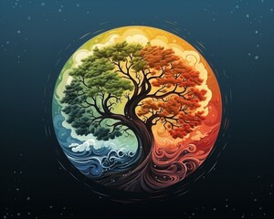 Beautiful tree with vibrant colors representing the seasons, AI-generated