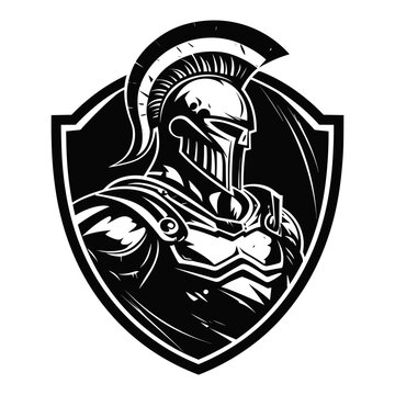 Spartan warrior soldier portrait helmet and armor emblem logo black silhouette vector