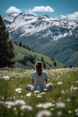 Naklejka na ściany i meble Serene Mountain Overlook: Woman in Lotus Position Amid Grassy Flower Mountain Generative AI