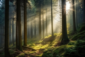 Natural Forest of Spruce Trees , Sun shines through morning haze , Beautiful forest at sunrise , Created with Generative Ai Technology
