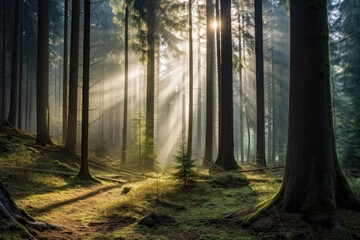Naklejka premium Natural Forest of Spruce Trees , Sun shines through morning haze , Beautiful forest at sunrise , Created with Generative Ai Technology
