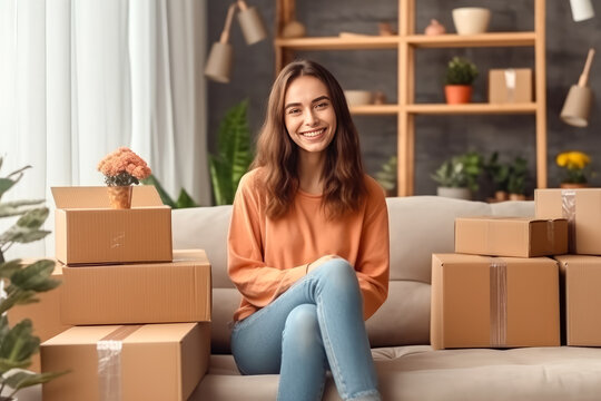 Young happy woman enjoy unbox post mail at home , Beautiful woman working with parcel boxes at home, prepare parcel delivery SME supply , Created with Generative Ai Technology
