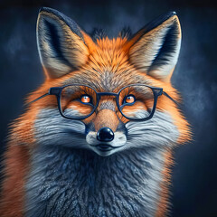 Fototapeta premium Wise animal with glasses. Portrait of a fox in glasses on a dark background
