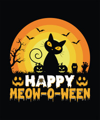 Halloween Background With Pumpkin and Bats, Happy Meow-o-ween Retro Vintage T Shirt Design Vector