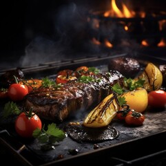 On a dark background, Estetica captures the essence of grilling and barbecue with beautifully arranged tomatoes, greens, and the flickering flames. This high-quality photograph epitomizes the artistry