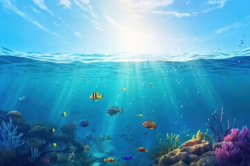 Fototapeta na wymiar World ocean day illustration, Fishes In The Ocean, Generative ai