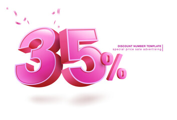 35 percent discount number template pink red 3d font. use for promotional advertisement in special sale Isolated on white background. illustrator vector file. - obrazy, fototapety, plakaty