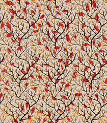Branches and leaves on twigs, seamless pattern