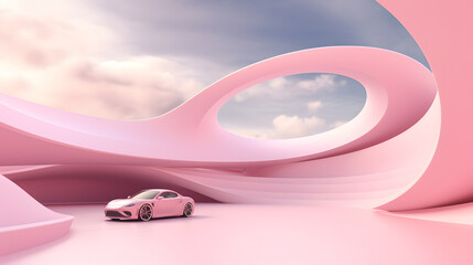 3d image of a pink car ride surround by pink cloud or smoke in a pink modern curved architecture