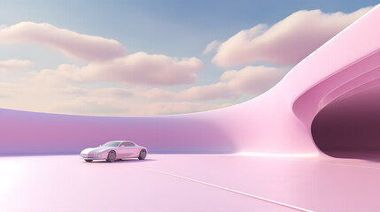 3d image of a pink car ride surround by pink cloud or smoke in a pink modern curved architecture