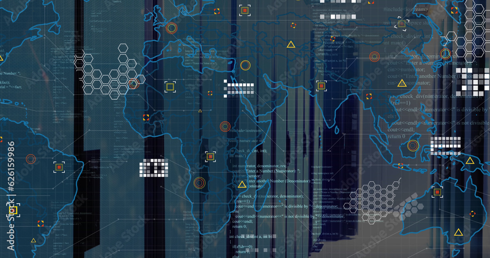 Poster image of world map and data processing against computer server room