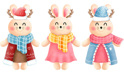 Festive christmas little bunny clipart collection.Cute little bunny with antlers,scarf, beanie and winter costume.