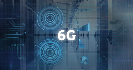 Obraz premium Composite of 6g text and data processing over computer servers