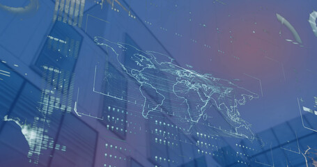 Image of interface with data processing over world map against low angle view of tall building