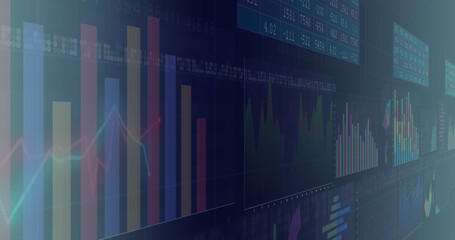 Composite of financial data processing over dark background