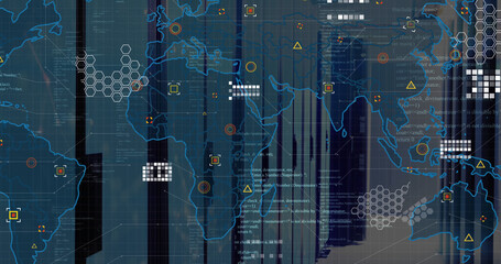 Image of world map and data processing against computer server room