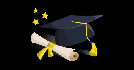 Image of graduation certificate and hat icons over black background