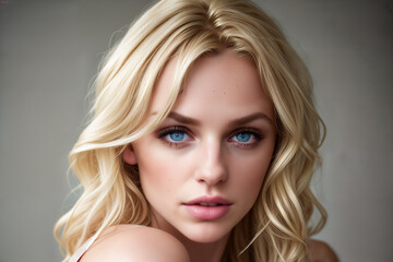 Fototapeta premium captivating blonde with striking blue eyes in this stunning headshot close-up, radiating timeless elegance and grace