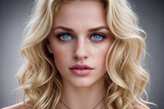 captivating blonde with striking blue eyes in this stunning headshot close-up, radiating timeless elegance and grace