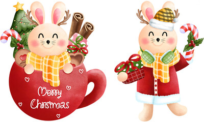 Set of christmas little bunny with christmas ornaments illustration.Red mug,antlers,christmas tree,gift boxes,cookies,cinnamon and candy canes.
