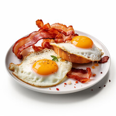 close up eggs and bacon dish on a white background