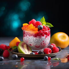 chia pudding with a lots of fruit on dark background