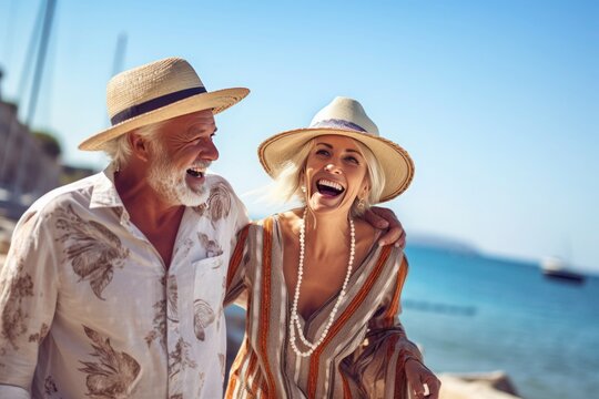 happy elderly couple in straw hats chatting on the background of the blue sea, ai generated