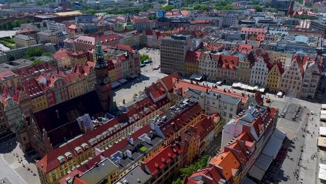 drone footage of market square architecture in Wroclaw
