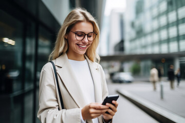 Fototapeta premium smiling businesswoman in fashion clothes using a smartphone, commuting to work in the city. AI Generated