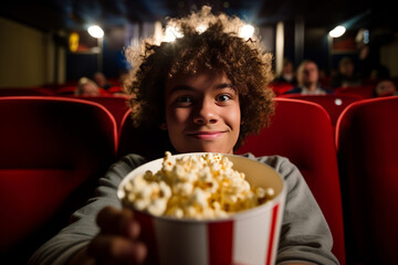 Man eating popcorn in a movie theater, sitting and eating popcorn. AI Generated