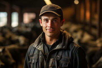 Fototapeta premium portrait a smiling young farmer in a barn feed cows. AI Generated