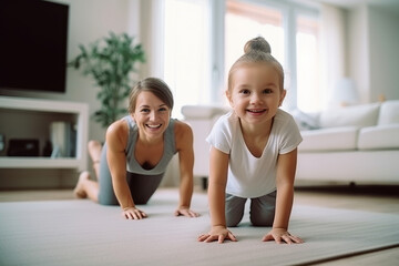 Obraz premium portrait a young mother with her son doing stretching. AI Generated