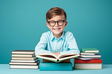 portrait of a happy child little boy with glasses sitting on a stack of books and reading a books, light blue background. AI Generated