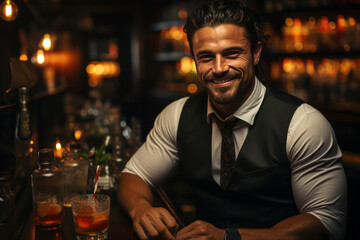 Obraz premium portrait smiling bartender mixes a cocktail in a shaker. AI Generated