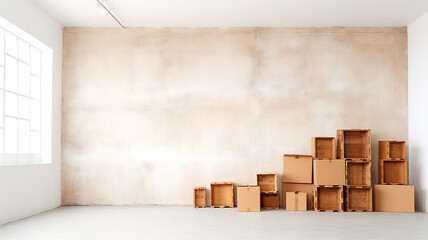 a row of cardboard boxes against a white wall, relocation. Generative AI