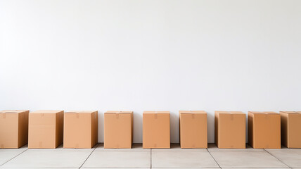 Obraz premium a row of cardboard boxes against a white wall, relocation. Generative AI