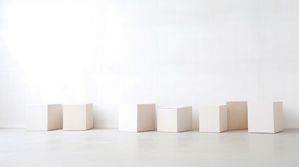 a row of cardboard boxes against a white wall, relocation. Generative AI