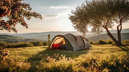 A backpacker's camping tent at beautiful green grass field and mountains.