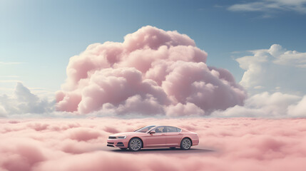 3d rendering of a pink car ride above pink cloud, in the style of modern and futuristic world